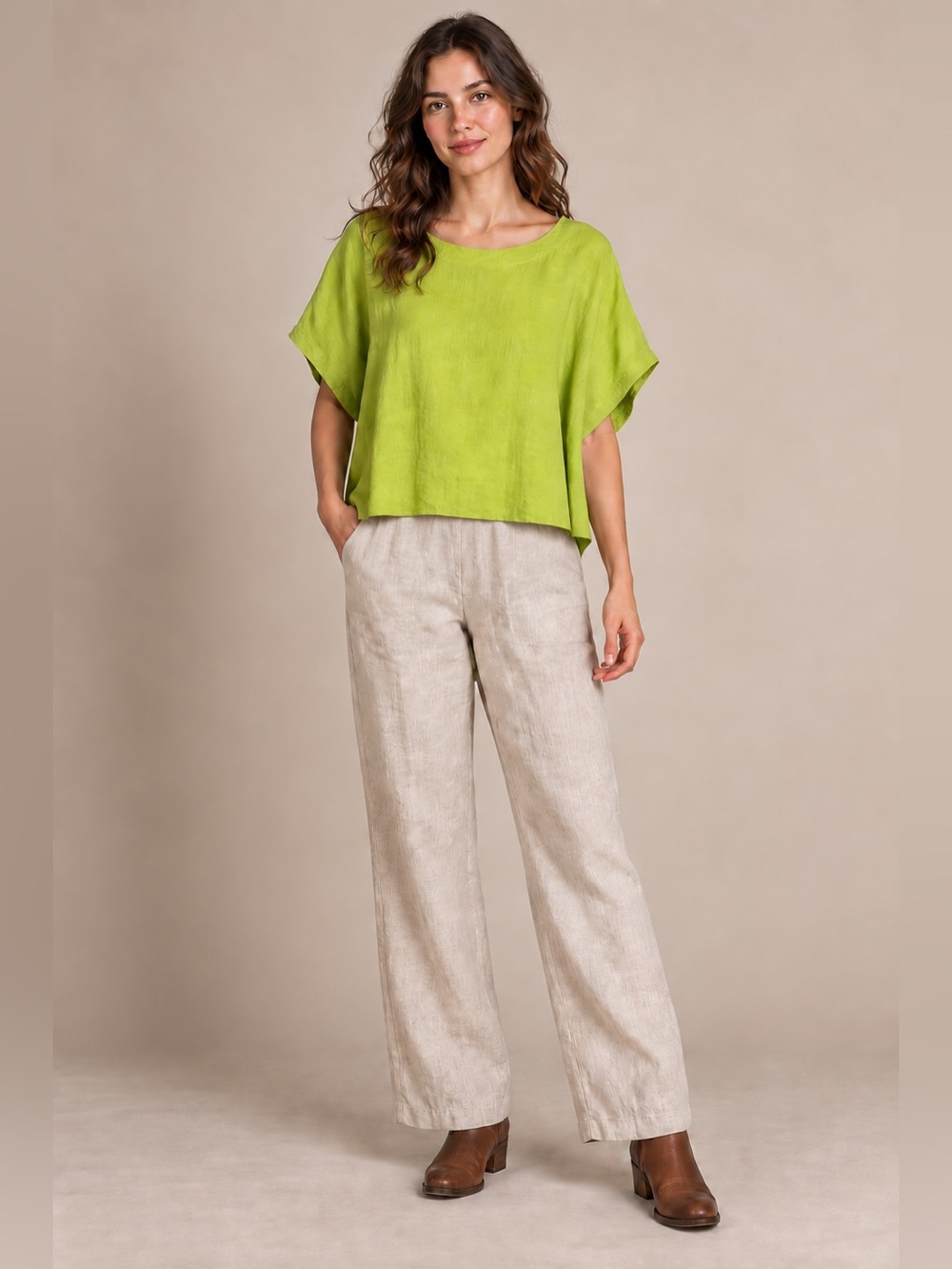 FLAX 100% Linen Lime Green Short Sleeve Oversized Top Large Lagenlook